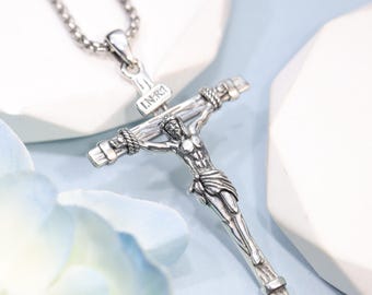 Collana con crocifisso di Gesù in argento sterling 925, ciondolo a croce INRI, collana cristiana per uomo e donna, gioiello religioso, regalo.