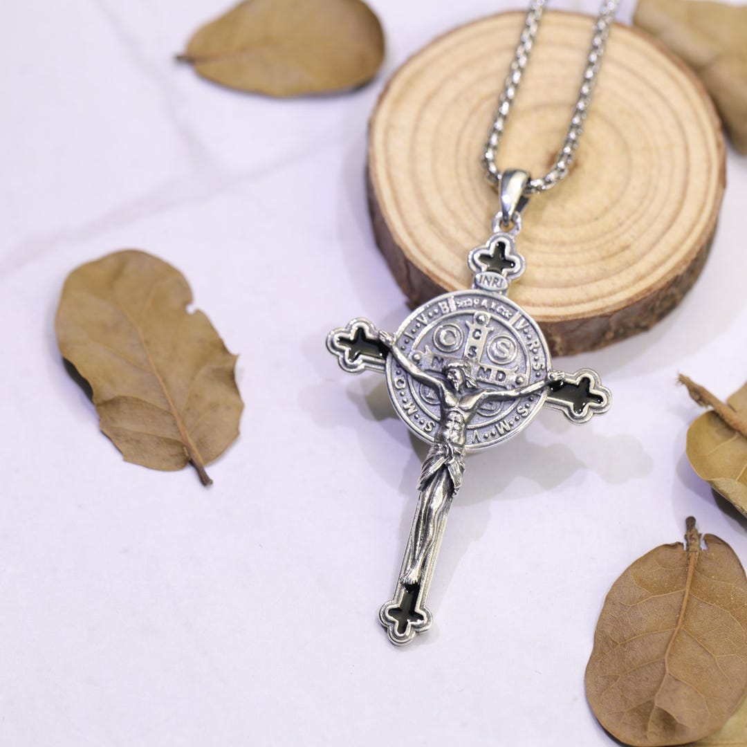 St Benedict Cross Necklace 925 Sterling Silver Catholic Jesus Crucifix ...