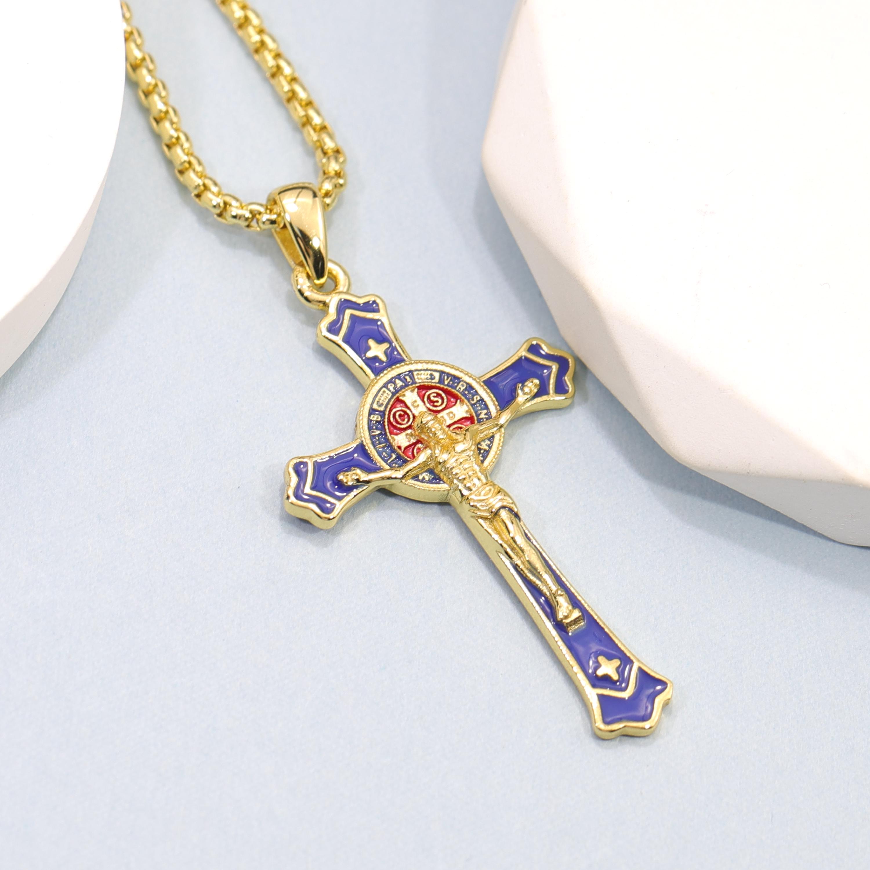 St Benedict Crucifix Necklace Catholic Cross Pendant 925 Silver Blue ...