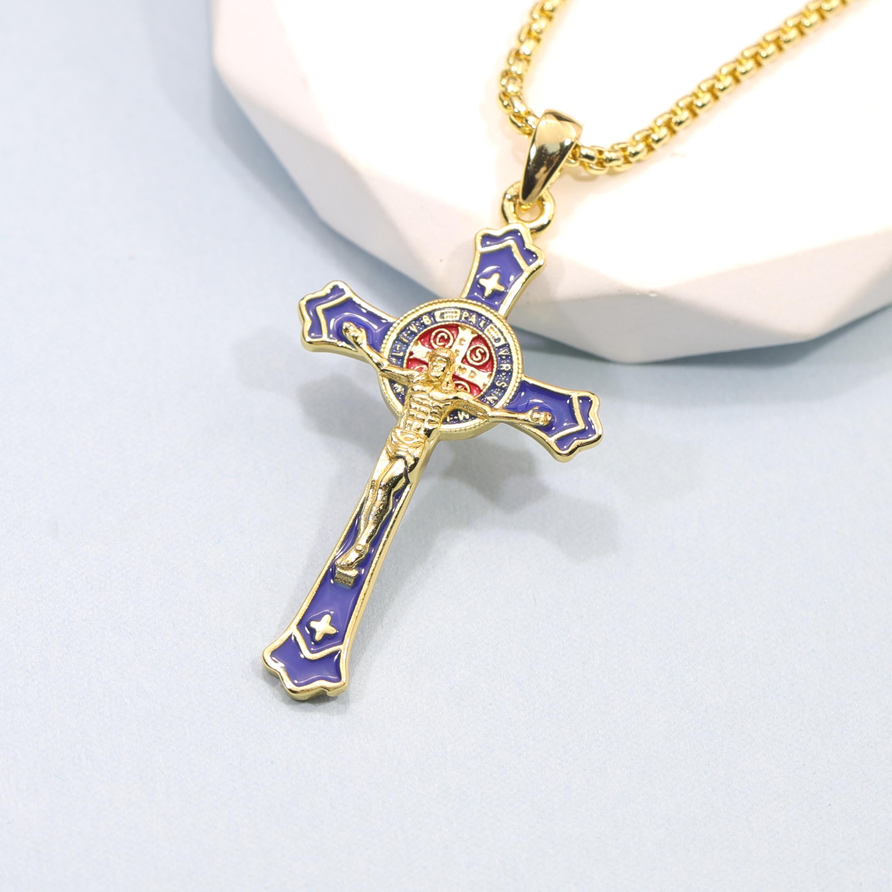 St Benedict Crucifix Necklace Catholic Cross Pendant 925 Silver Blue ...