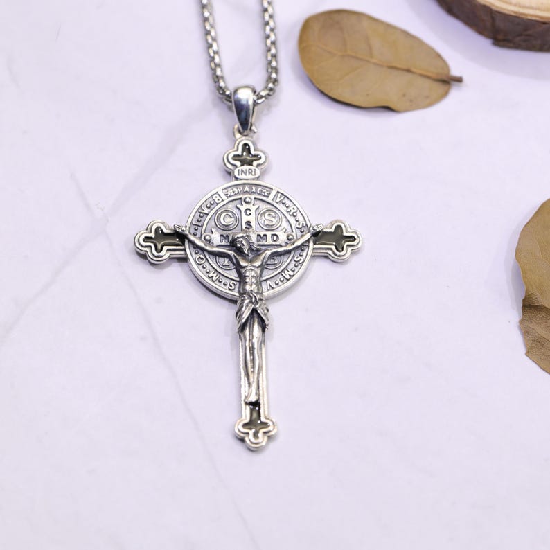 St Benedict Cross Necklace 925 Sterling Silver Catholic Jesus Crucifix ...