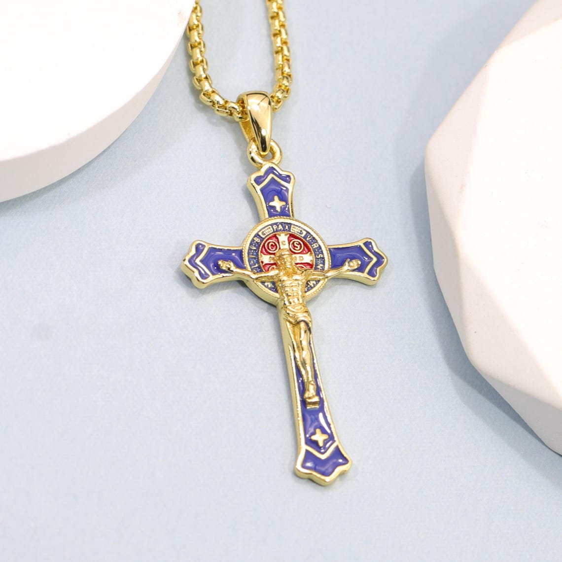 St Benedict Crucifix Necklace Catholic Cross Pendant 925 Silver Blue ...