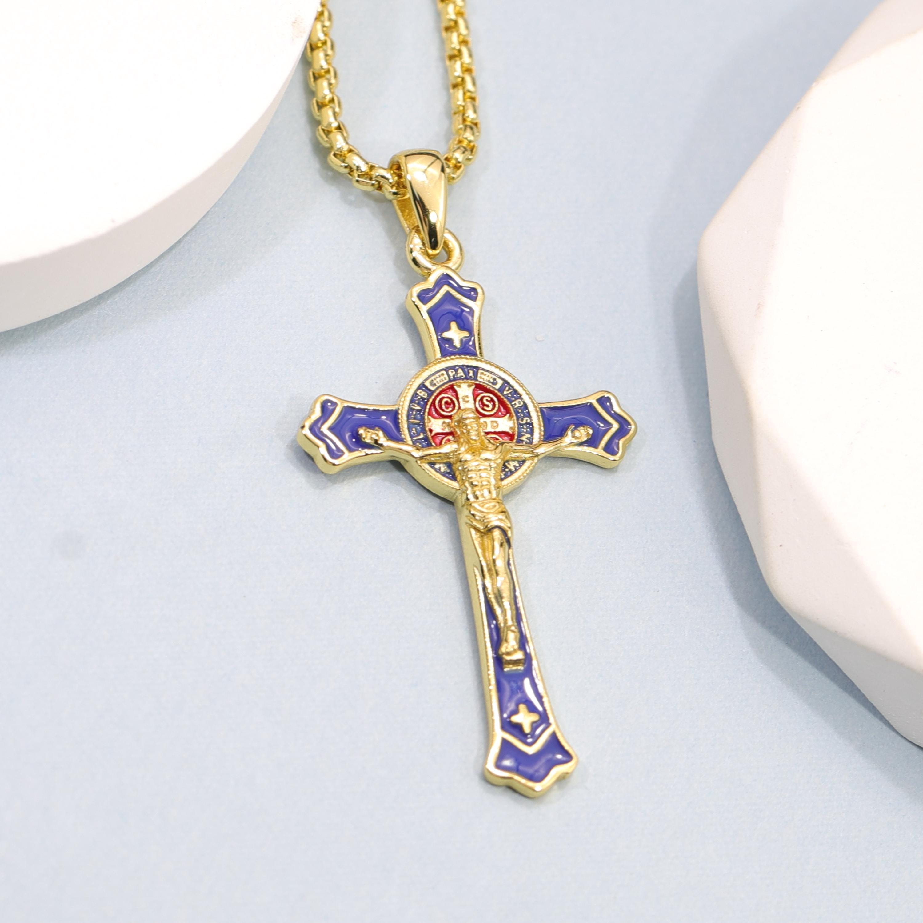 St Benedict Crucifix Necklace Catholic Cross Pendant 925 Silver Blue ...