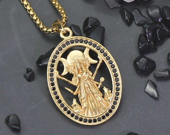 Collier Hécate, pendentif déesse triple lune, bijoux de sorcière en or, cadeau de protection spirituelle païenne pour elle