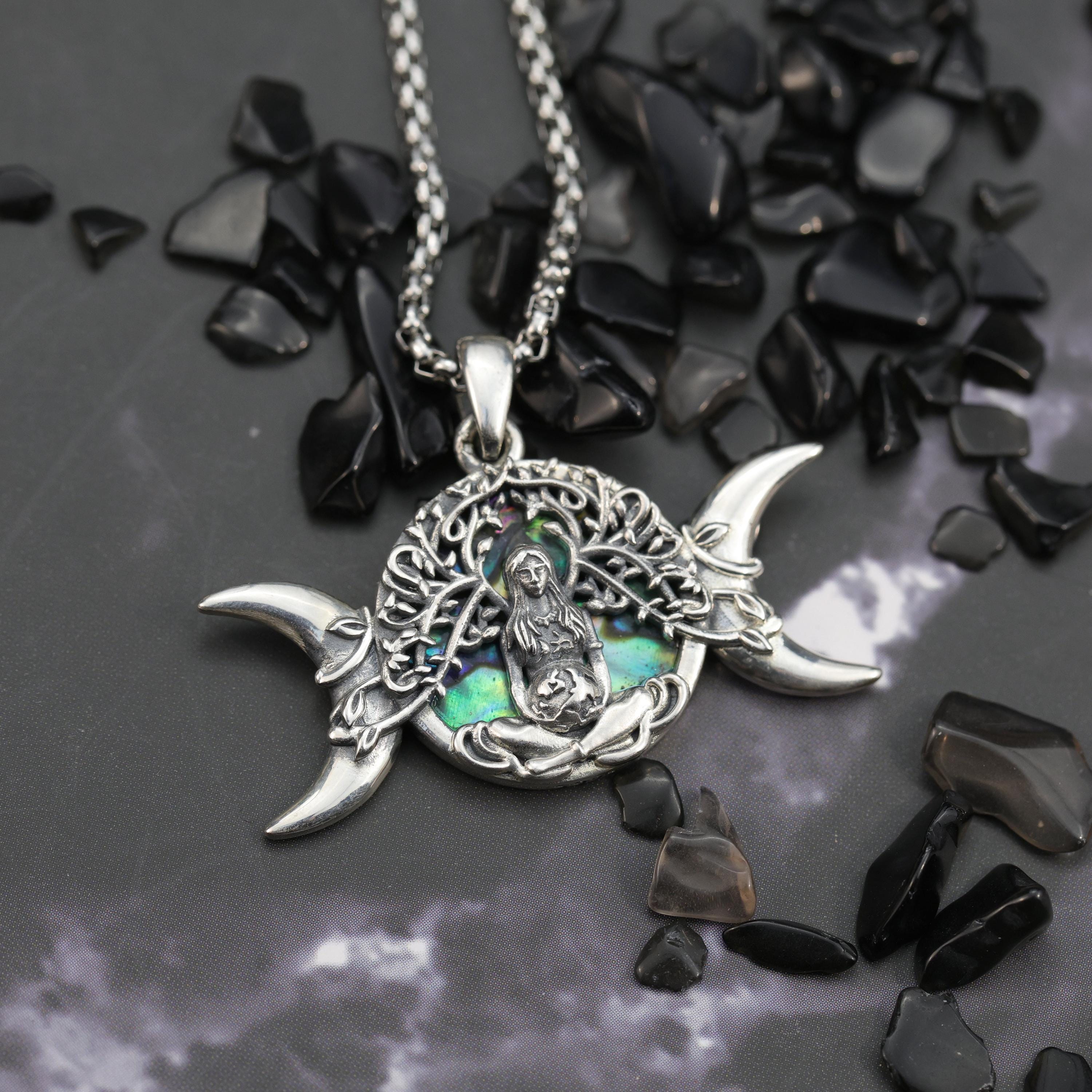 Triple Moon Goddess Necklace, Tree of Life Abalone Pendant, 925 ...