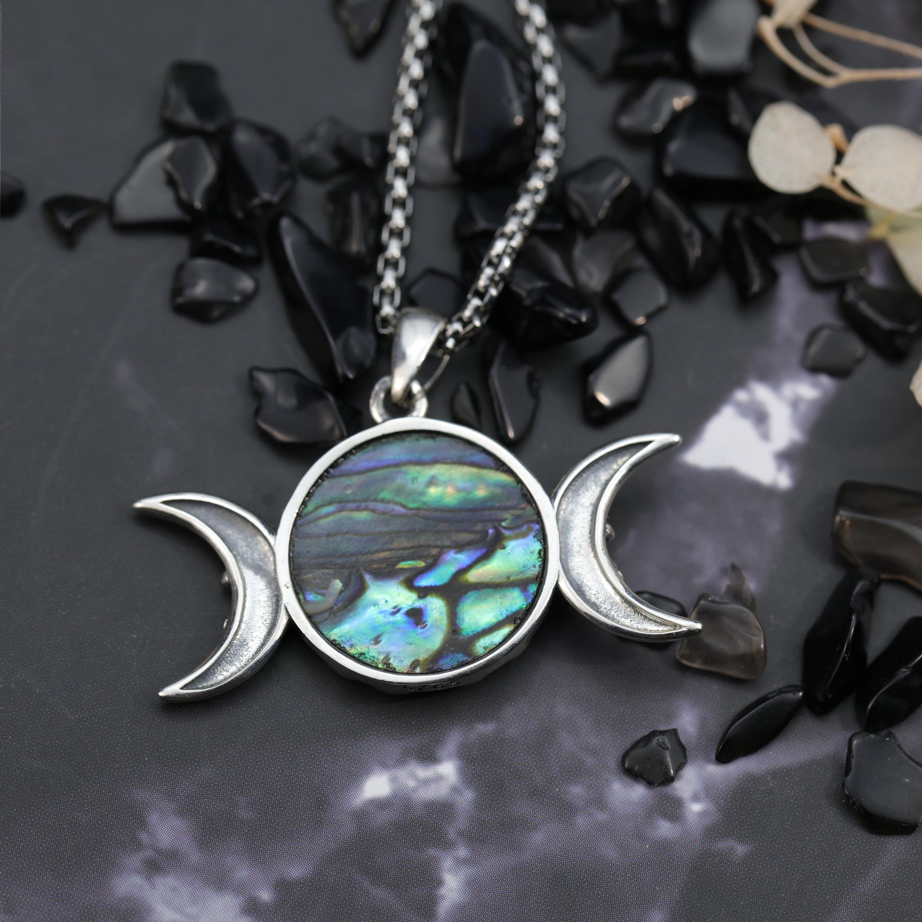 Triple Moon Goddess Necklace, Tree of Life Abalone Pendant, 925 ...