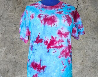 Unisex M Ice Dye T-Shirt • Handmade Cotton Top • Blue and Burgundy Tie Dye • Vibrant Festival Streetwear Gift