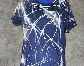 Women's L Reverse Tie Dye T-Shirt • Navy with Blue Gray Accents • Handmade Cotton Top • Festival Streetwear Gift