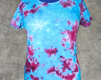 Women's M Ice Dye T-Shirt • Handmade Thick Cotton Top • Blue and Burgundy Tie Dye • Festival Streetwear Gift
