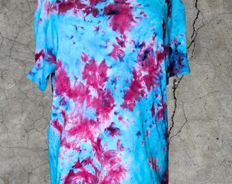 Unisex L Ice Dye T-Shirt • Handmade Thick Cotton Top • Blue and Burgundy Tie Dye • Durable Oversized Festival Streetwear