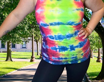 Handmade Tie Dye Tank Top Women One Size 33/55 – Bright Festival Hippie Streetwear Shirt – Soft Cotton Stretchy Summer Gift
