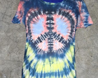 Women's XL Tie Dye Peace Sign T-Shirt • Handmade Cotton Top • Dark Pastel Festival Streetwear • Unique Gift