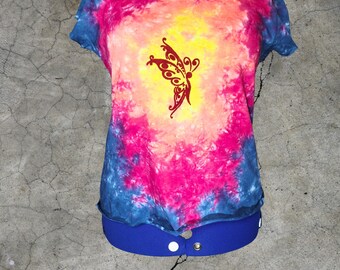 Women's L Tie Dye T-Shirt with Stencil Art • Handmade Colorful Cotton Top • Festival Streetwear Unique Gift
