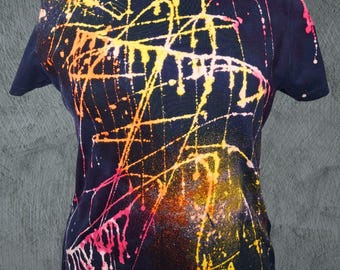 Handmade Tie Dye Reverse Dye Top Women Size XL Slim Fit 45x67 – Navy Neon Splatter Festival Streetwear Cotton Shirt