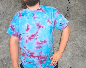 Unisex XL Ice Dye T-Shirt • Handmade Cotton Top • Blue and Burgundy/Pink Tie Dye • Oversized Festival Streetwear Gift