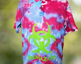 Upcycled Tie Dye Polo Shirt XL 55x72 – Handmade Stencil Biohazard Print – Unisex Streetwear Festival Reworked Cotton