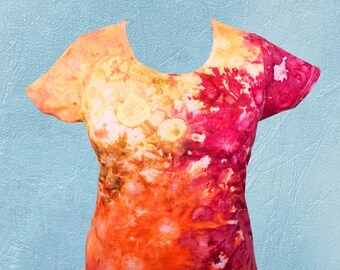 Handmade women's slim fit M ice dye t shirt – vibrant yellow orange magenta – soft cotton festival top