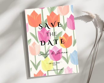 Elegant Save the Date Template, Printable Wedding Invitation, Editable Floral Tulip Announcement, Minimalist Wedding Card, Instant Download