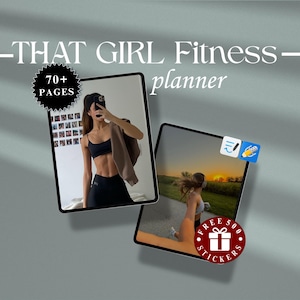 Könnte beinhalten: Ein Fitnessplaner mit dem Text "THAT GIRL Fitness - planner" in Weiß. Das Bild zeigt zwei digitale Tablets mit Bildern einer Person beim Training. Ein Tablet zeigt eine Person in Sportkleidung, das andere eine Person, die bei Sonnenuntergang läuft.