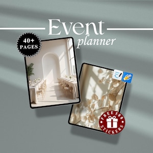 Może przedstawiać: Cyfrowy produkt planisty wydarzeń z tekstem "Event planner" i "40+ PAGES". Obraz przedstawia dwa tablety z scenami planowania wydarzeń, w tym stoły i aranżacje kwiatowe. Widoczny jest również czerwony okrąg z ikoną prezentu i tekstem "FREE 500 STICKERS".
