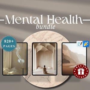 Könnte beinhalten: Ein digitales Produktpaket mit dem Text "Mental Health bundle". Das Bild zeigt drei digitale Bildschirme mit ruhigen Bildern, darunter eine meditierende Person, Räucherstäbchenrauch und eine Strandszene. Enthält den Text "820+ PAGES" und "FREE 500 STICKERS".