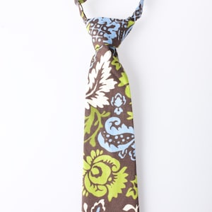 Toddler Tie - Brown with Green, Blue, and White Floral Pattern