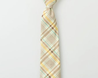 Little Boy Necktie - Yellow, Aqua, and Brown Plaid - Boys Tie