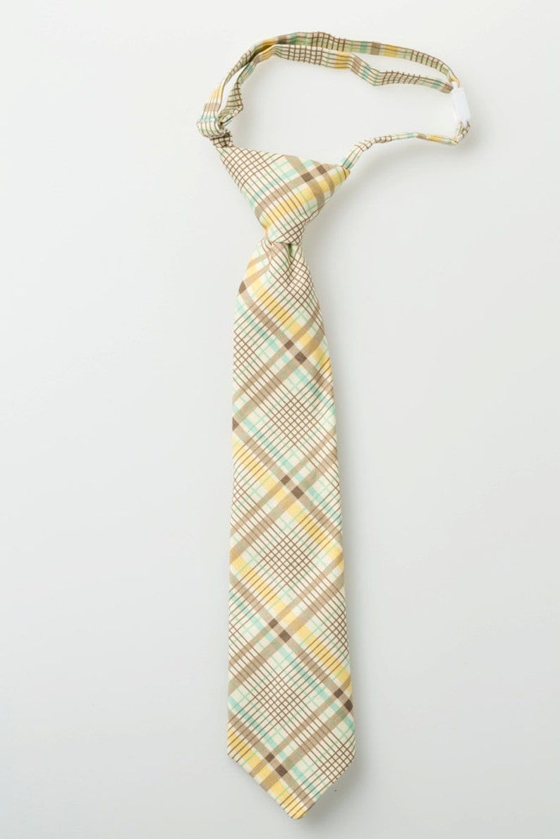 Little Boy Necktie Yellow, Aqua, and Brown Plaid Boys Tie image 1