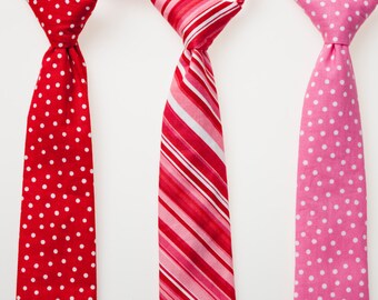 Boys Valentine's Day Ties - Red with White Dots, Red and White Stripes, or Pink with White Dots - Choose One