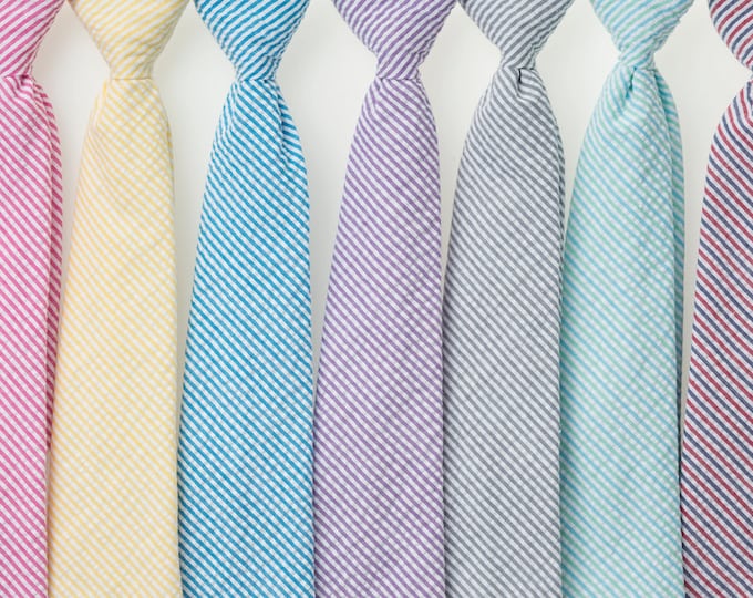 Seersucker Sidekick Necktie in Nautical Blue and White with Red and White Knot by Social Primer