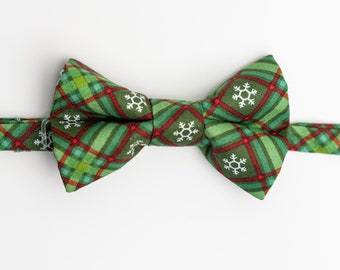 Little Boy Christmas Bow Tie - Snowflake Plaid in Green