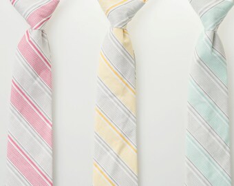 Boys Neckties - Gray Stripes - Pink, Yellow, or Mint