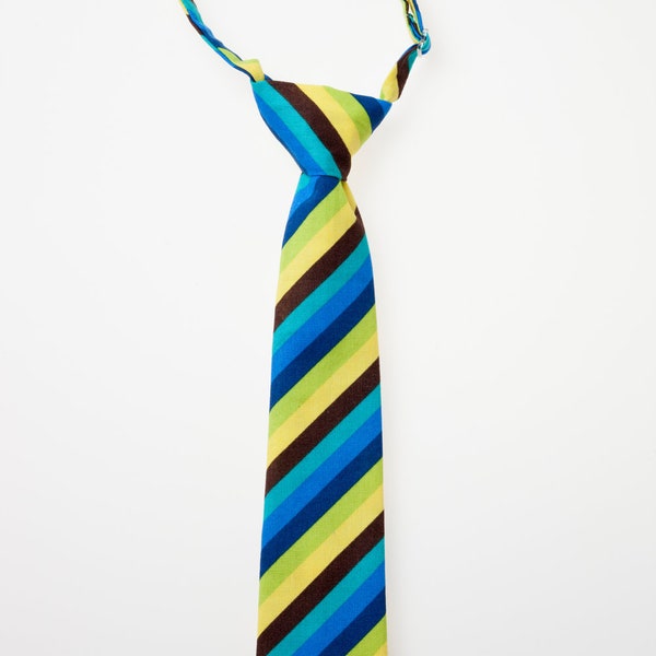 Boys Neck Tie - Blue, Brown, Green, and Yellow Stripes