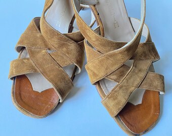 Vintage Tan Suede Leather Sandals |Classic Designer Leather Slingback Sandals|Statement  Shoes|Size 7.5|Fall Sandals