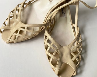 Vintage Gloria Vanderbilt Ivory Leather Shoes Size 7M|Cork Heel Sandals