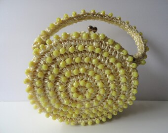 Vintage 1950s Yellow Beaded Raffia Purse|Yellow Canteen Beaded Handbag|Beaded Top Handle Yellow Beaded Bag|Yellow Crochet Raffia Bag|Wedding
