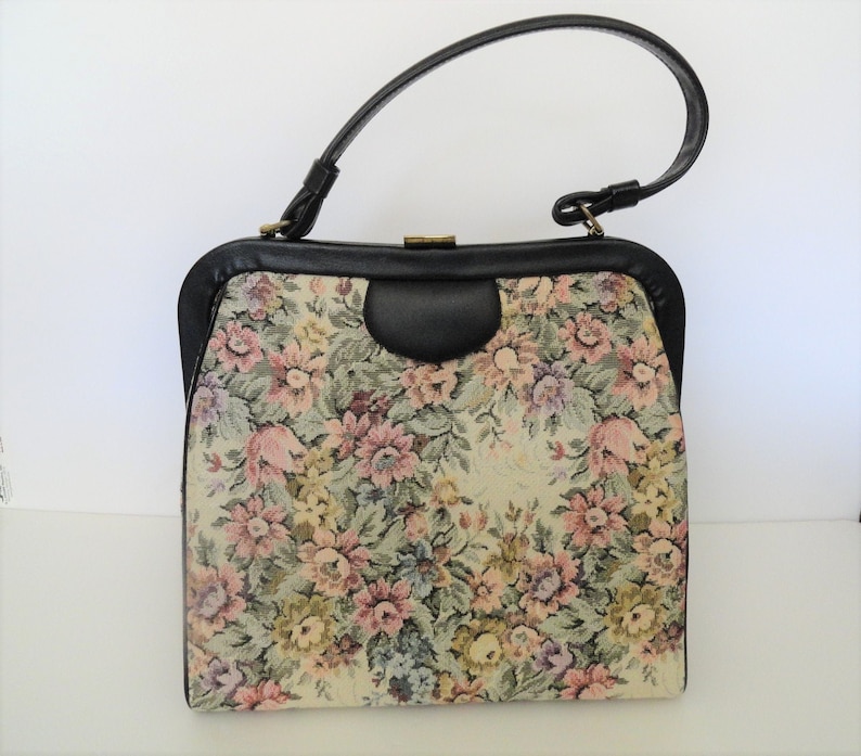 1950s 60s Tapestry Purses|Collectible Vintage Tapestry Top Handle Handbag|Brocade Statement Handbag Purse|Vegan Leather top Handle Handbag
