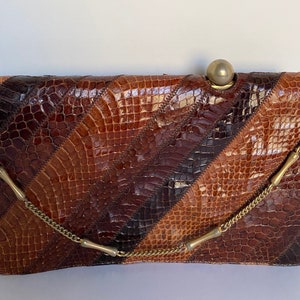 1960s Vintage Reptile Skin Clutch Bag|Gold Chain Brown Patchwork Handbag|Brown Snakeskin Top Handle Chain Handbag