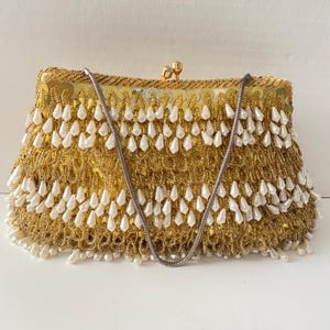 Vintage Pearl & Gold Beaded Evening Bag: Latkan Fringe, Sequins, Chain Purse