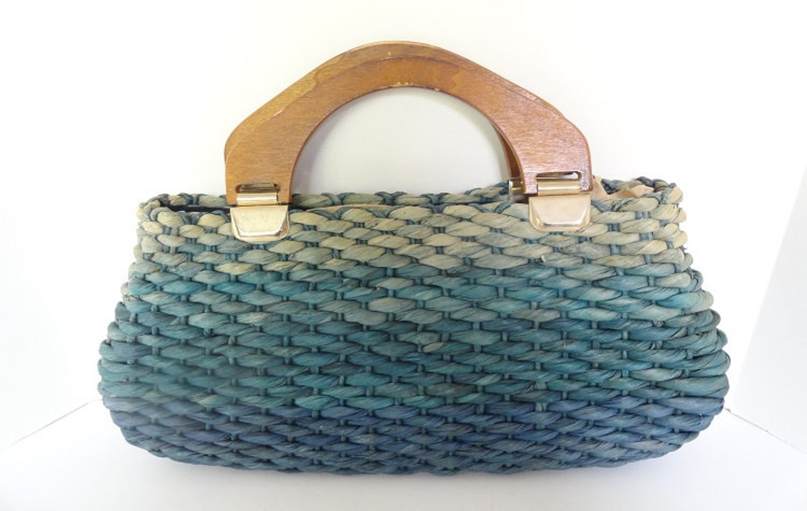 Ombre Blue Straw Tote Bagvintage Straw Purseblue Straw Beach Etsy