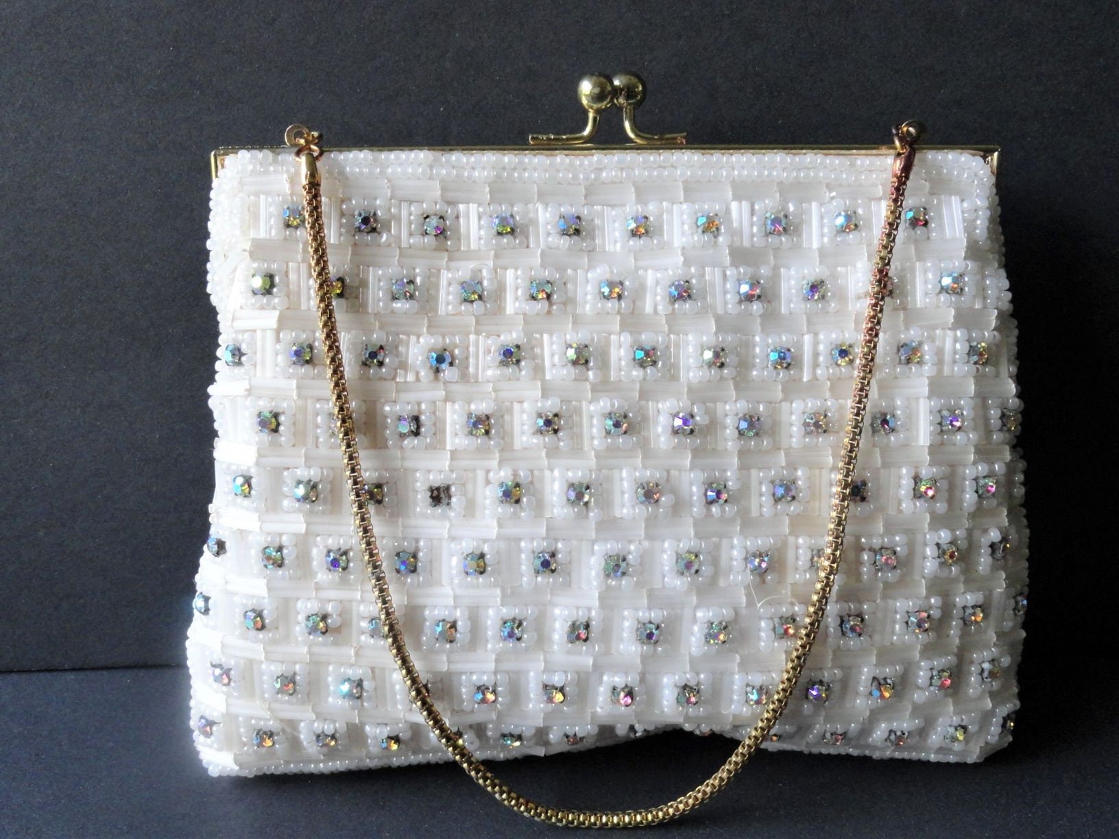 Vintage White Pearl Beaded Evening Bag Handbag