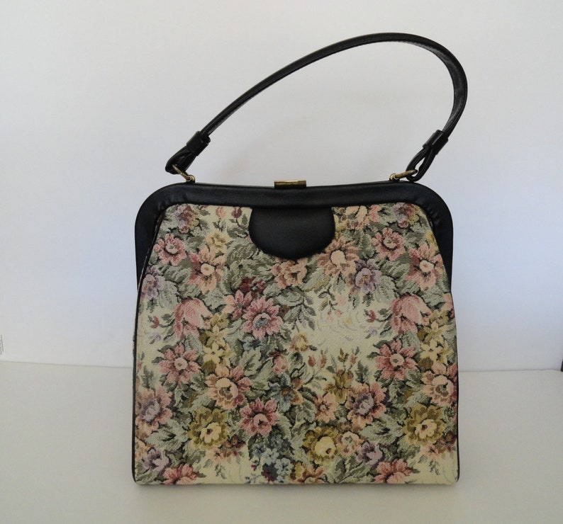 1950s 60s Tapestry Purses|Collectible Vintage Tapestry Top Handle Handbag|Brocade Statement Handbag Purse|Vegan Leather top Handle Handbag