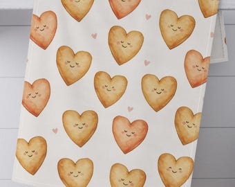 Valentine's Day tea towel with happy heart cookies love themed kitchen towel customizable