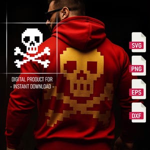 Può includere: Una felpa con cappuccio rossa con un design a teschio e ossa incrociate pixelato sul davanti e sul retro. Il retro presenta un grande teschio e ossa incrociate dorate. Il davanti ha un teschio e ossa incrociate bianche. Il testo recita "PRODOTTO DIGITALE PER - DOWNLOAD IMMEDIATO - ".