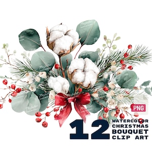 May include: Watercolor Christmas bouquet clip art featuring cotton bolls, eucalyptus leaves, red berries, and pine needles. A red bow accents the arrangement. The number 12 is in dark blue. The PNG file format is indicated.