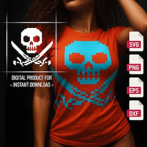 Può includere: Una maglietta arancione con un design a teschio e ossa incrociate pixelato turchese. La maglietta ha maniche corte e girocollo. L'immagine include anche il testo "DIGITAL PRODUCT FOR - INSTANT DOWNLOAD -" e icone di tipo di file.