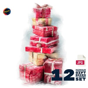Op de afbeelding: Een stapel rode en gouden cadeau dozen, vastgebonden met witte linten en bestrooid met sneeuw, in aquarel stijl. De afbeelding bevat de tekst "12" en "Watercolor Christmas Gift Boxes Clipart Set".