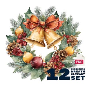 Christmas Wreath Clipart Set – 12 High-Resolution PNGs on White Background | Elegant Holiday Bells & Ornaments, Winter Art  | 300 DPI.