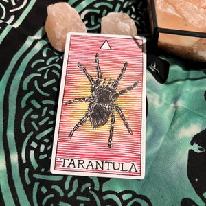 Könnte beinhalten: Eine Tarotkarte mit einer schwarzen Tarantel-Illustration auf einem rot-gelb gestreiften Hintergrund. Das Wort "TARANTULA" ist unten aufgedruckt. Die Karte ist von Kristallen und einem gemusterten Stoff umgeben.
