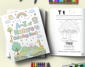Libro para colorear del alfabeto de la naturaleza para niños: Actividad imprimible de la A a la Z (Descarga digital)